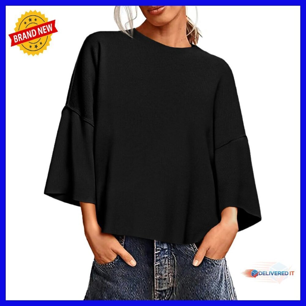 Women's Lightweight 3/4 Sleeve Crewneck Oversized Knit Sweater Pullover